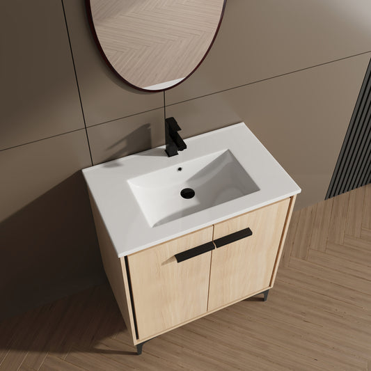 30-Inch Oak Bathroom Vanity Base with Ceramic Basin and Double Door Storage Cabinet