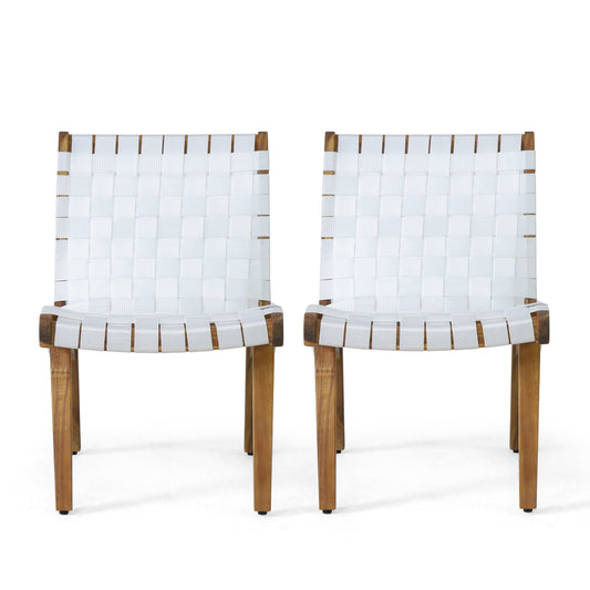 Two Piece Acacia Wood Lounge Chair Set With Rope Weave For Living Room Transitional Style For Indoor Use White
