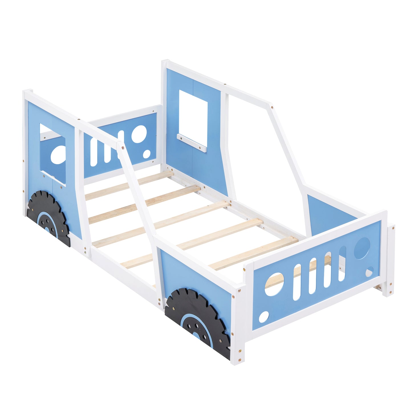 Blue Twin Size Car-Themed Platform Bed with Wheels