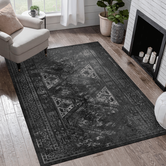 8x10 Machine-Washable Area Rug - Low-Pile Chenille, Pet & Kid Friendly - Polyester Rug - Black and Gray