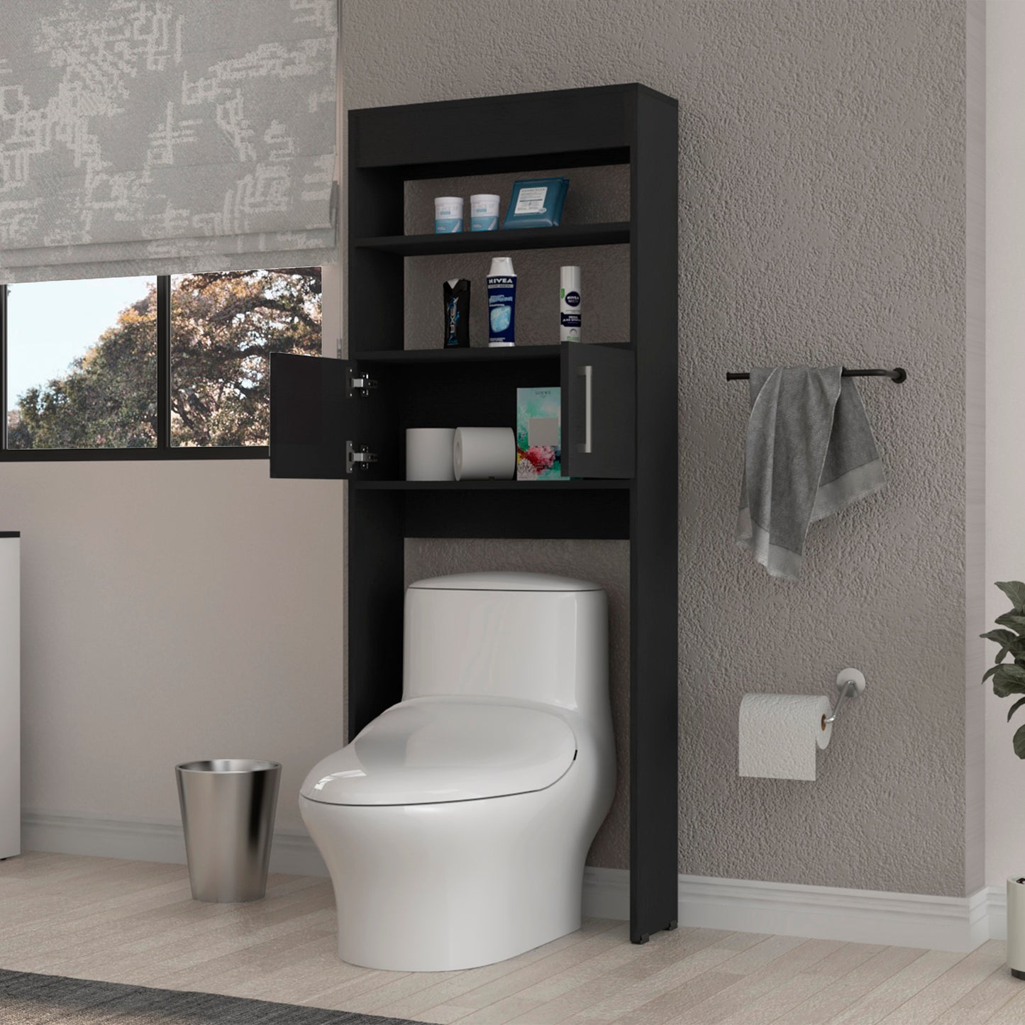 Modern Black Over-the-Toilet Storage Cabinet with Double Doors and Three Shelves