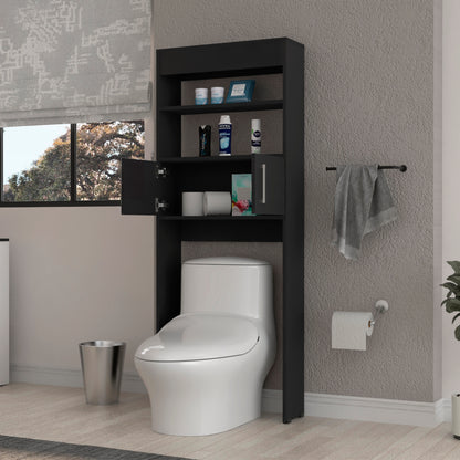 Modern Black Over-the-Toilet Storage Cabinet with Double Doors and Three Shelves
