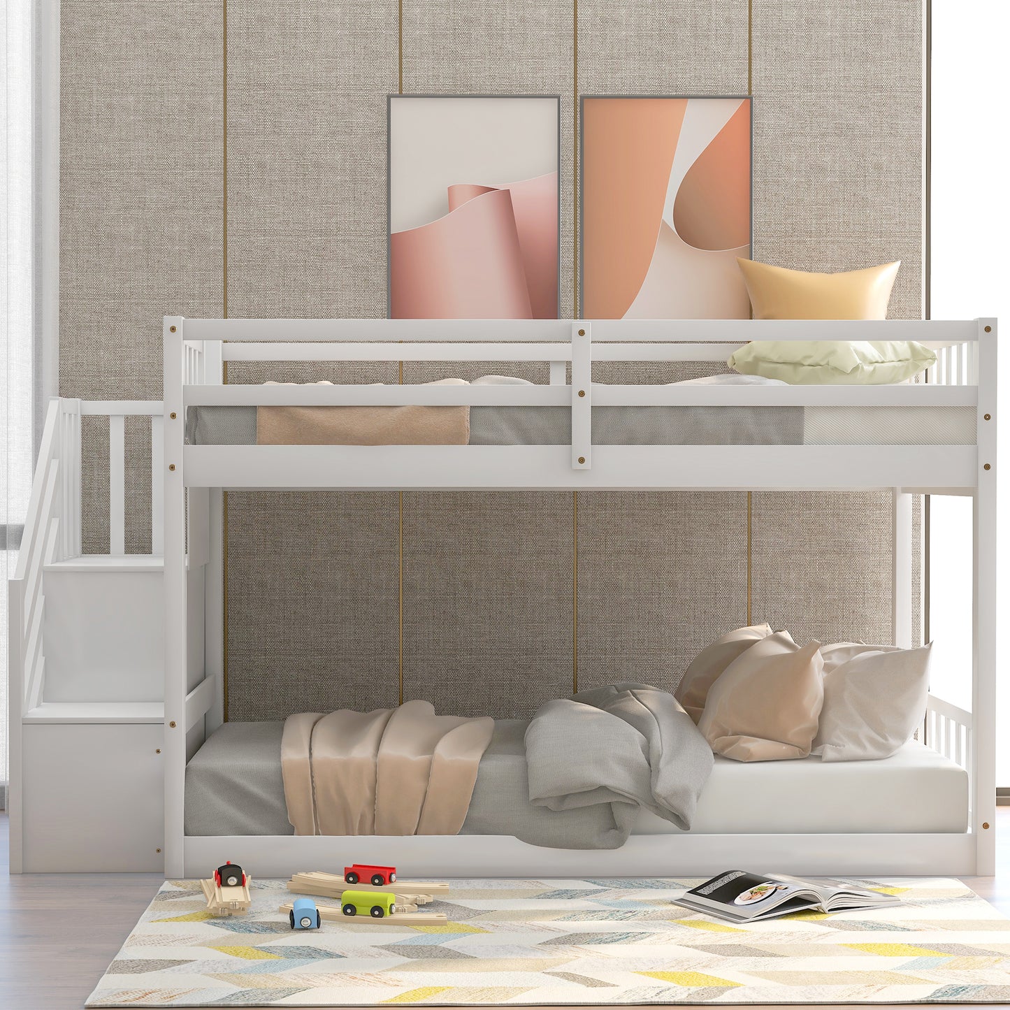 Space-Saving Twin Over Twin Bunk Bed with Storage Ladder in White
