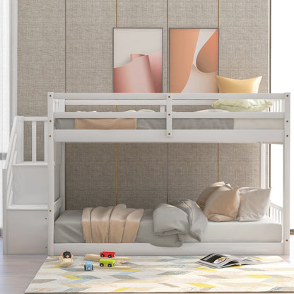 Space-Saving Twin Over Twin Bunk Bed with Storage Ladder in White