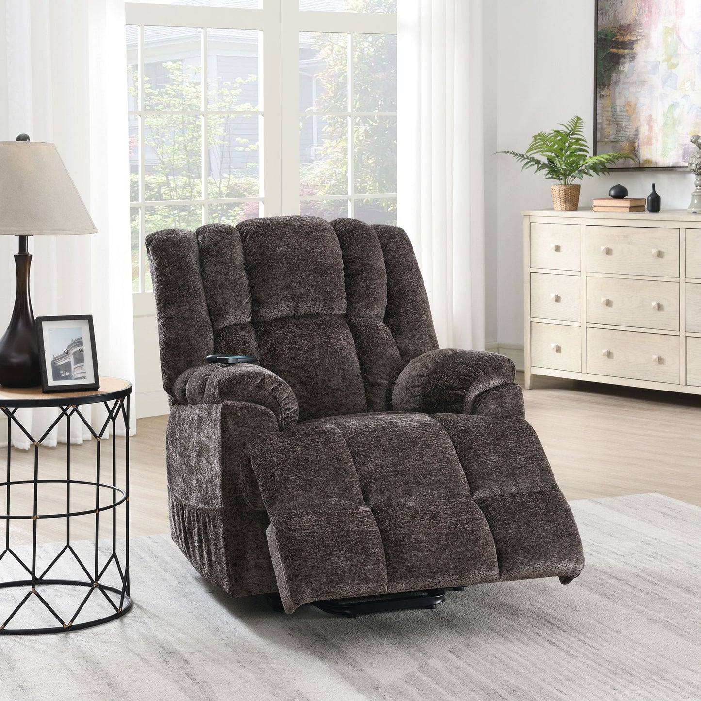 Power Lift Recliner with Heating and Massage, Chenille Upholstery, 62in Recline, Cup Holders Brown