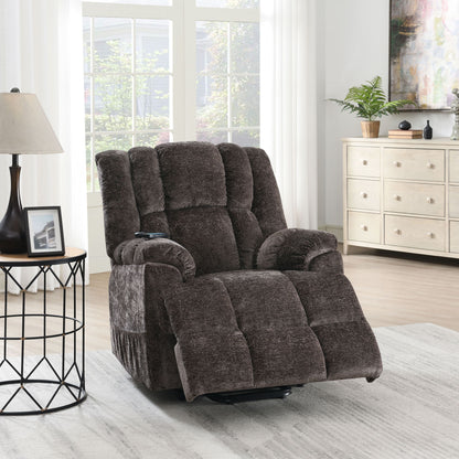 Power Lift Recliner with Heating and Massage, Chenille Upholstery, 62in Recline, Cup Holders Brown