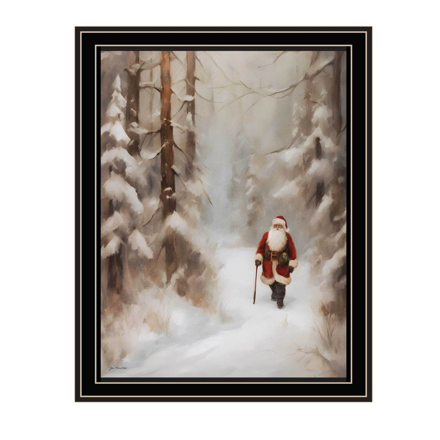 Santa's Winter Stroll Wall Art Print for Living Room/Bedroom Decor, 14 x 18 in, Wood + Paper, Framed Black