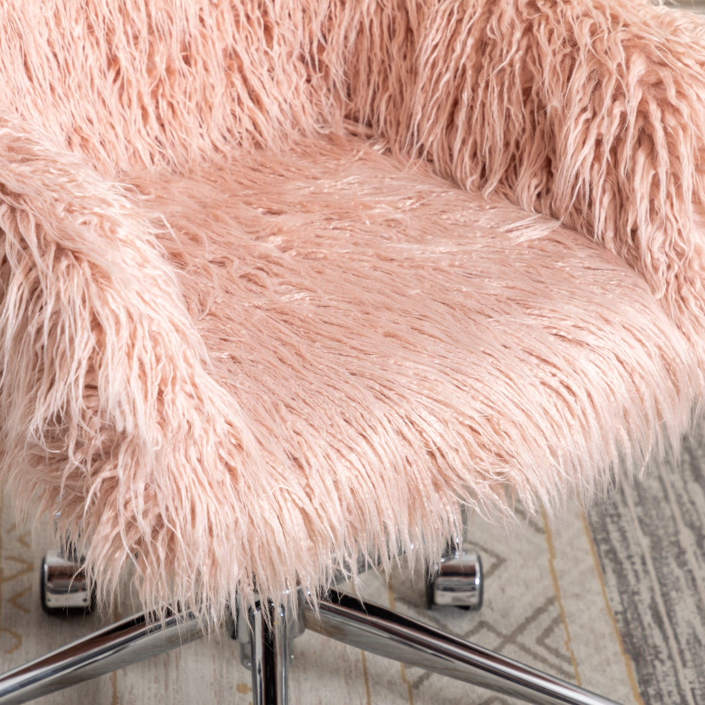 Chic Pink Faux Fur Makeup Vanity Chair with Adjustable Height and Chrome Base