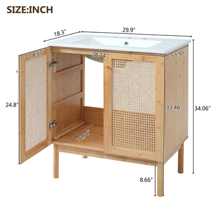 Elegant 30-Inch Natural Bamboo Bathroom Vanity with Artisanal Rattan Doors and Soft-Close Mechanism