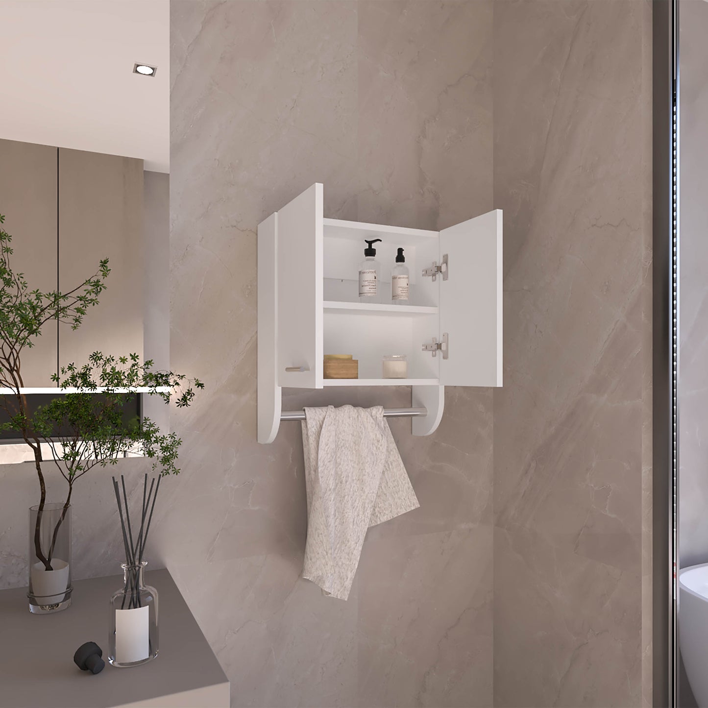 Optim Medicine Cabinet with towel holder 17.4" Wide Medice Cabinet Organizer with Two interior Shelves and Tower Holder for Bathroom, Kitchen, Mudroom