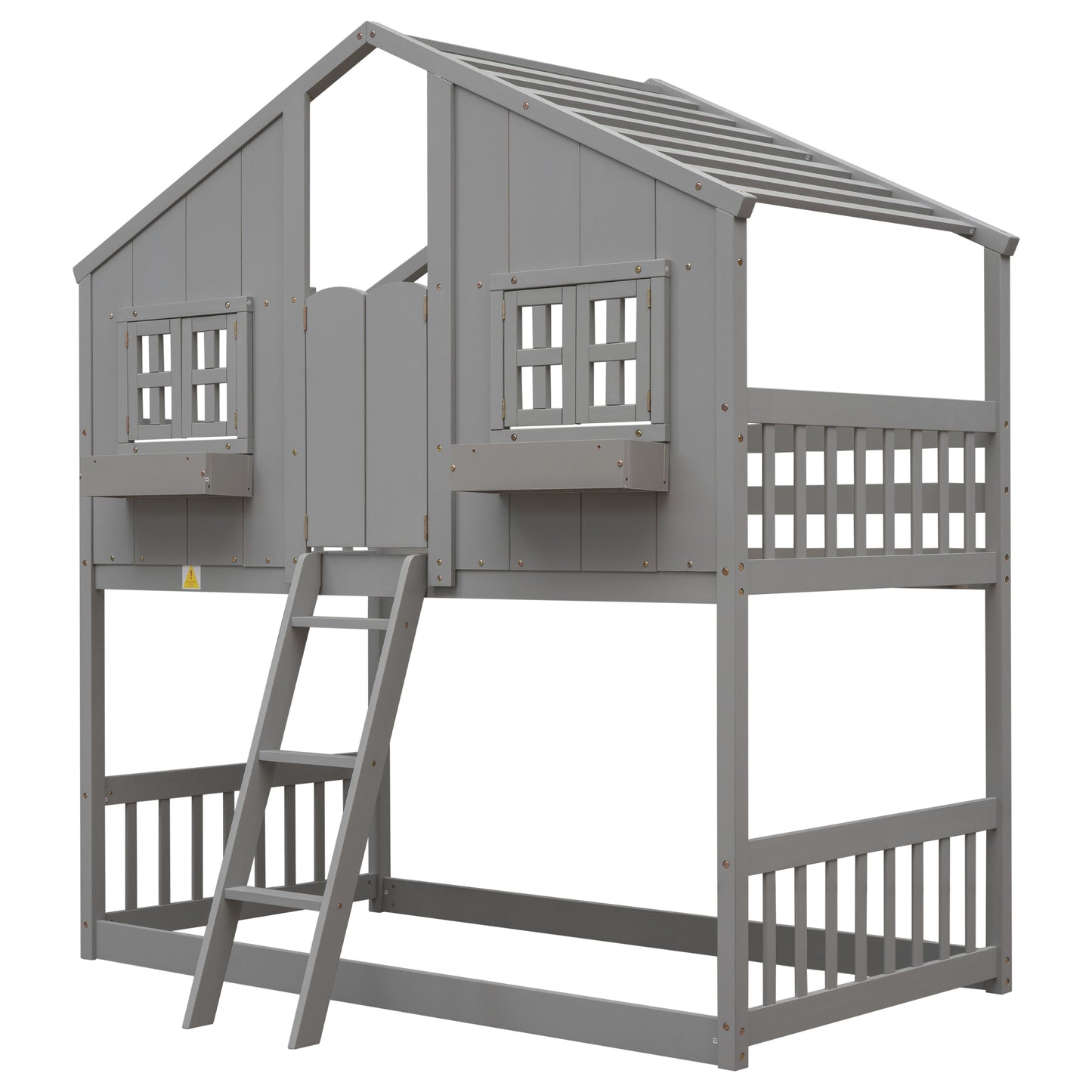 Twin House Bunk Bed for Kids with Roof and Windows - Twin Over Twin Design in Grey