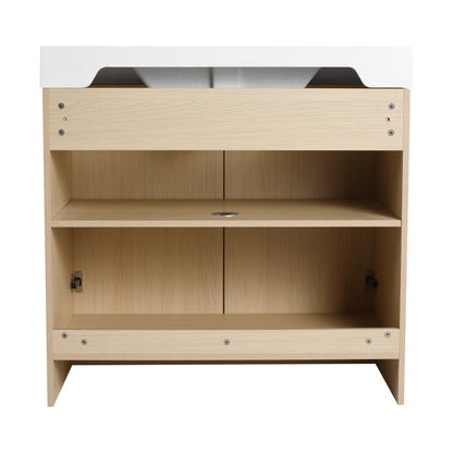 Modern 36" Freestanding Oak Bathroom Vanity with Soft-Close Doors & Integrated White Resin Sink