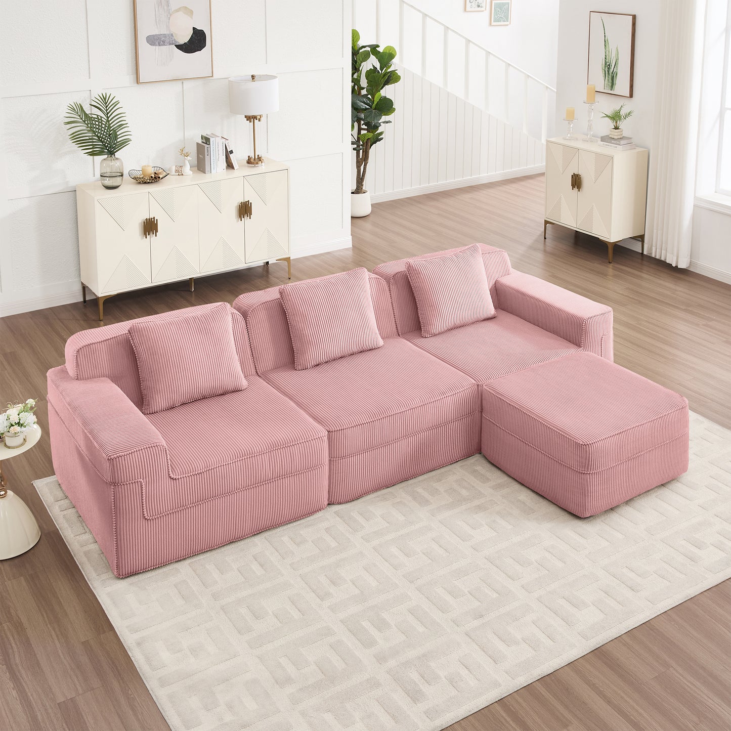 Modular L-Shape 3-Seat Sectional Sofa with Ottoman, Pillows, Deep-Seat Corduroy Boneless Couch Pink