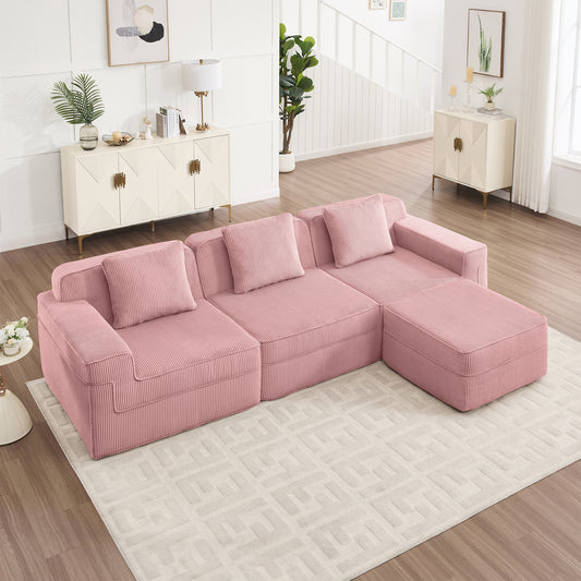 Modular L-Shape 3-Seat Sectional Sofa with Ottoman, Pillows, Deep-Seat Corduroy Boneless Couch Pink