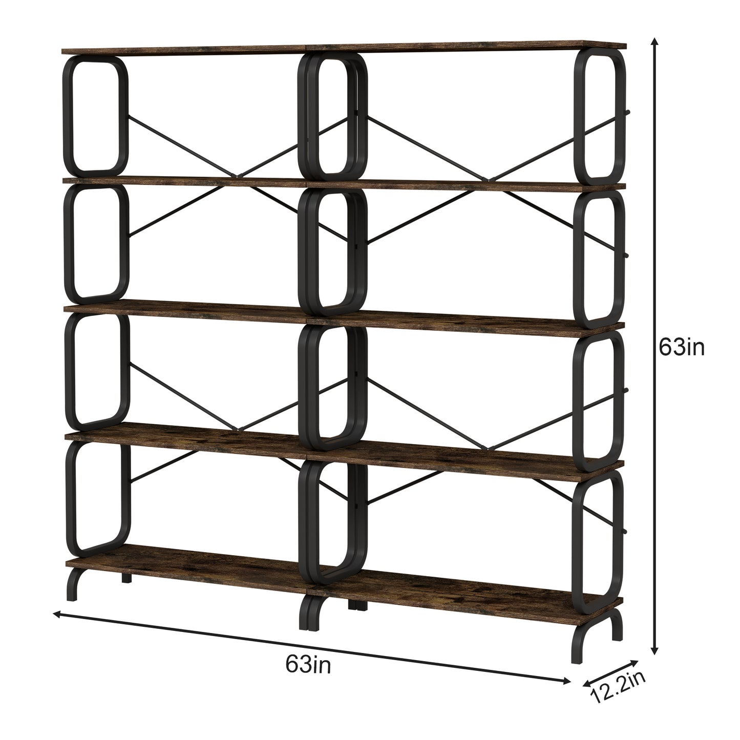 Rustic Industrial 5-Tier Bookshelf with Metal Frame for Home and Office - Vintage Brown Open Storage Unit