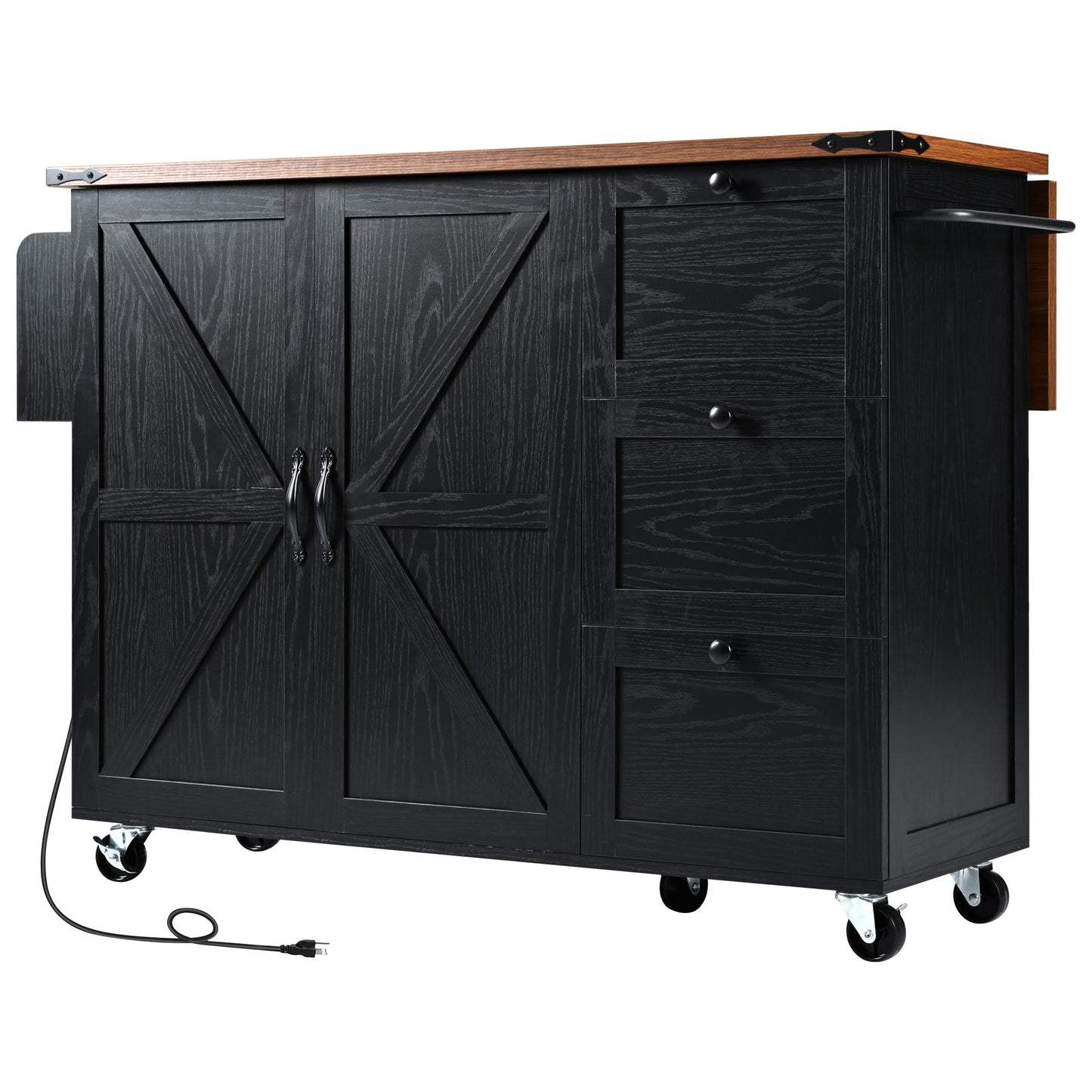 54.5" Rustic Farmhouse Kitchen Island with Power Outlet, Internal Storage, Drop Leaf, and Rolling Wheels for Home and Dining Room - Black