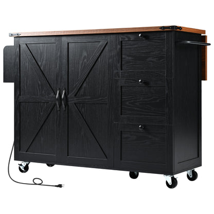 54.5" Rustic Farmhouse Kitchen Island with Power Outlet, Internal Storage, Drop Leaf, and Rolling Wheels for Home and Dining Room - Black