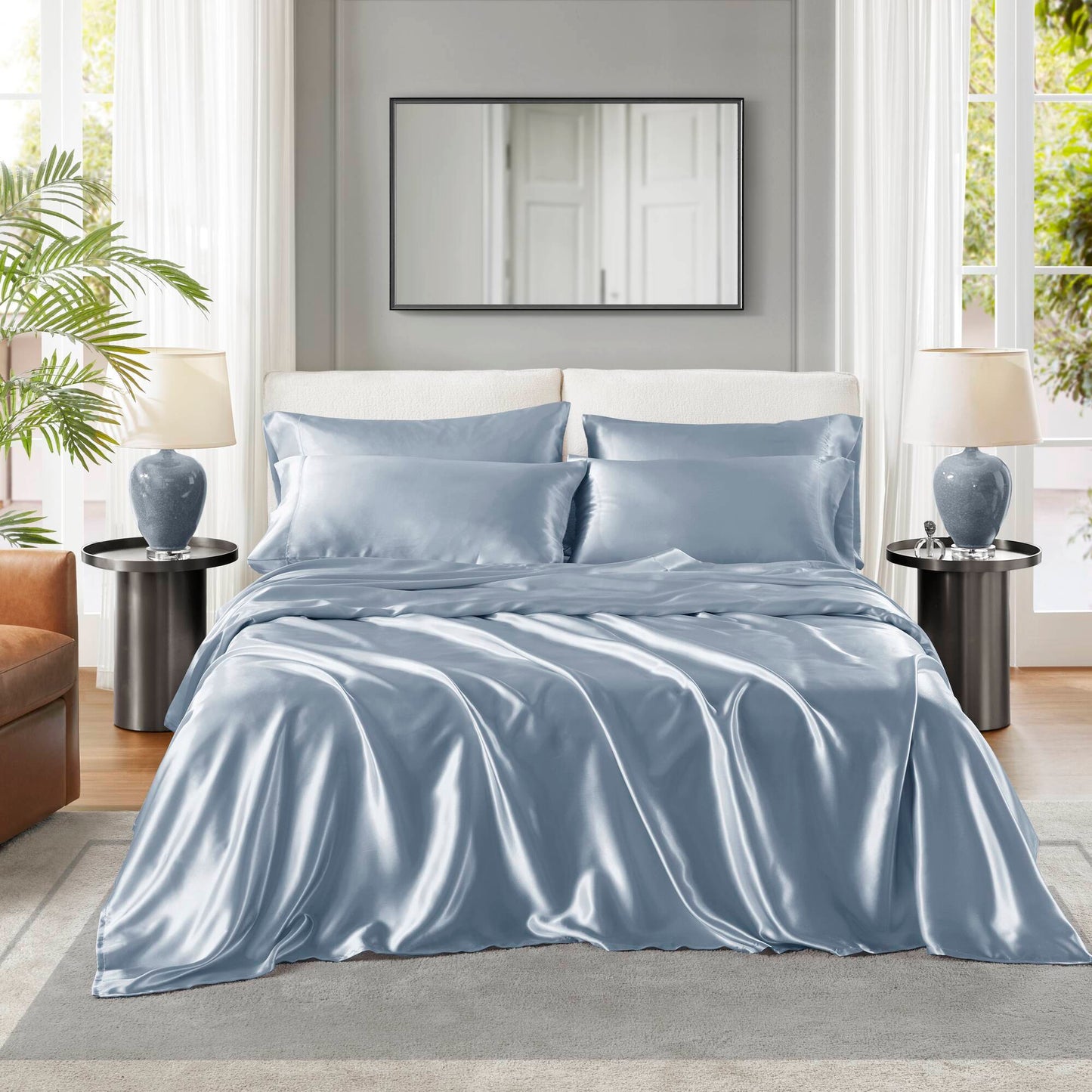 Full Satin Luxury Sheet Set - Polyester, Wrinkle-Resistant, 4 Pillowcases, OEKO-TEX, Fits 16 in Mattress, Blue