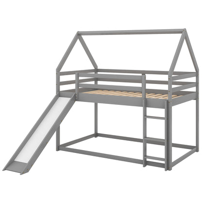 Gray Twin Bunk House Bed with Slide and Ladder for Kids
