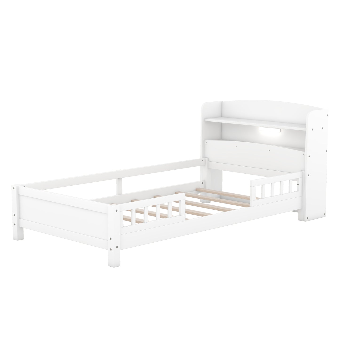 Contemporary Twin Wooden Platform Bed with LED Headboard Storage and Safety Guardrails in White