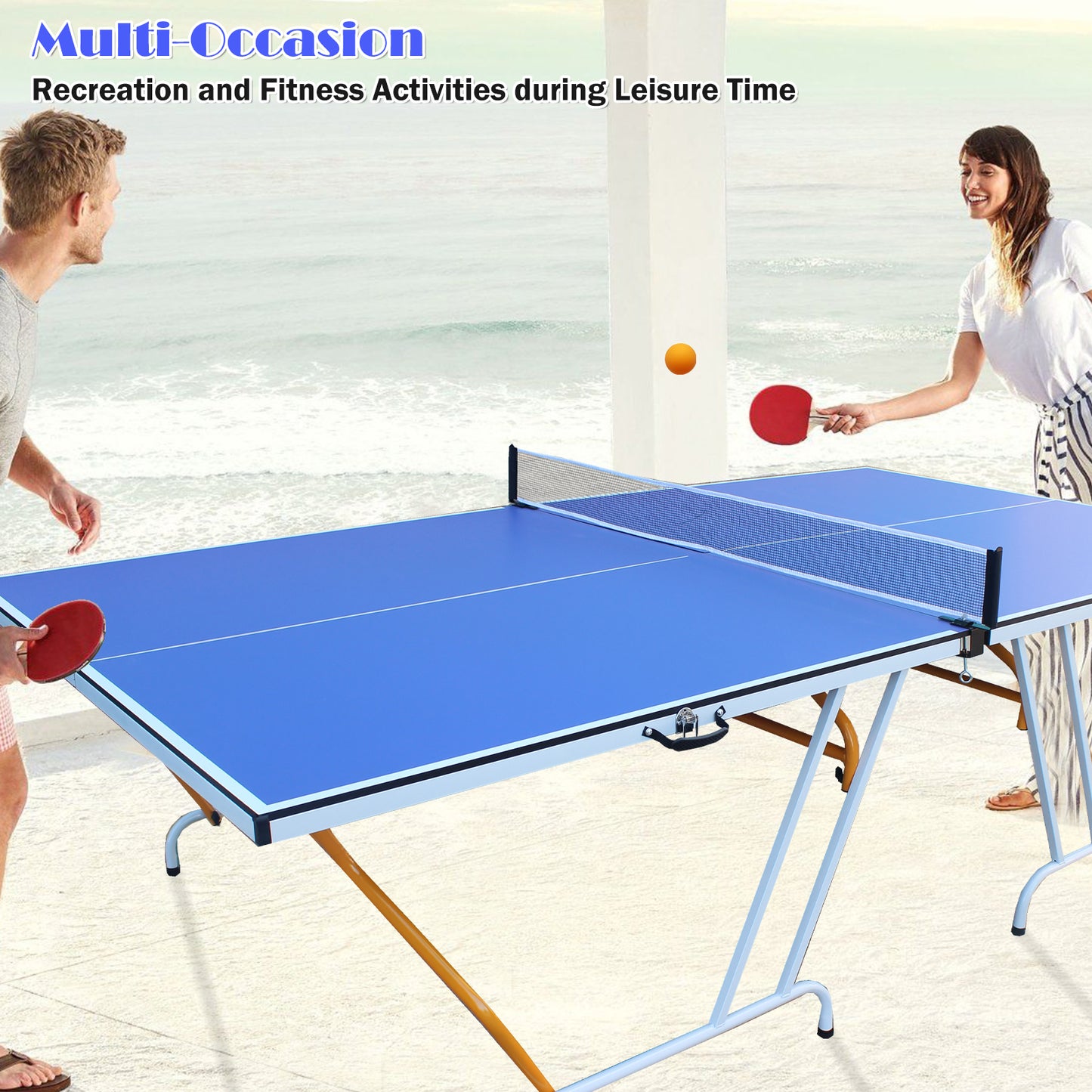 9-Foot Folding Indoor Table Tennis Table with Net, Ping Pong Set (2 Paddles, 3 Balls) Easy Fold Blue