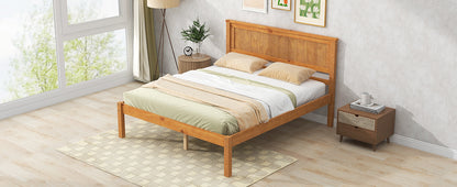 Oak Full Platform Bed Frame with Headboard - No Box Spring Required, Wood Slat Support
