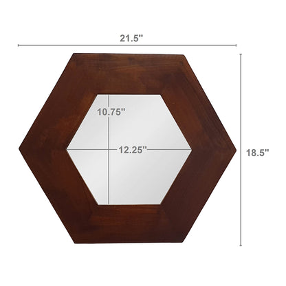 Hexagonal Teak Wood Framed Mirror - 18.5" Wall Decor for Living Room, Bathroom, or Hallway in Dark Brown
