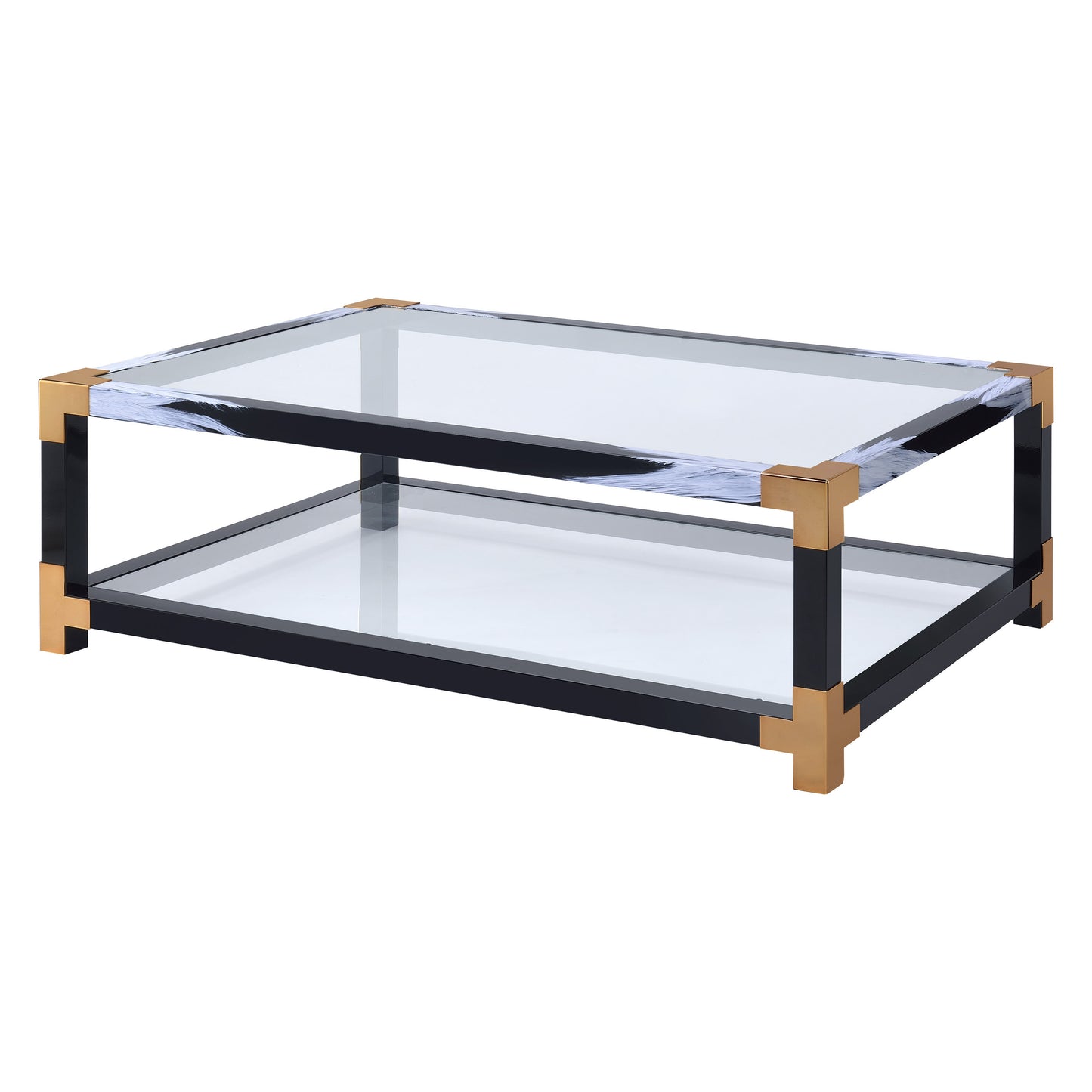 Glass Top Coffee Table with Glass Shelf, 34x54x18 in, Metal Frame for Living Room, White Brushed Finish