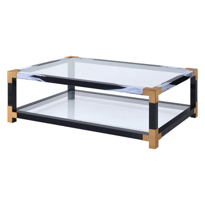 Glass Top Coffee Table with Glass Shelf, 34x54x18 in, Metal Frame for Living Room, White Brushed Finish
