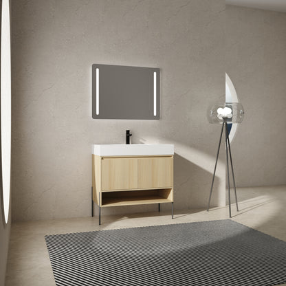 36" Modern Oak Bathroom Vanity Set with Easy-Clean Resin Sink and Multi-Layer Solid Wood Cabinet