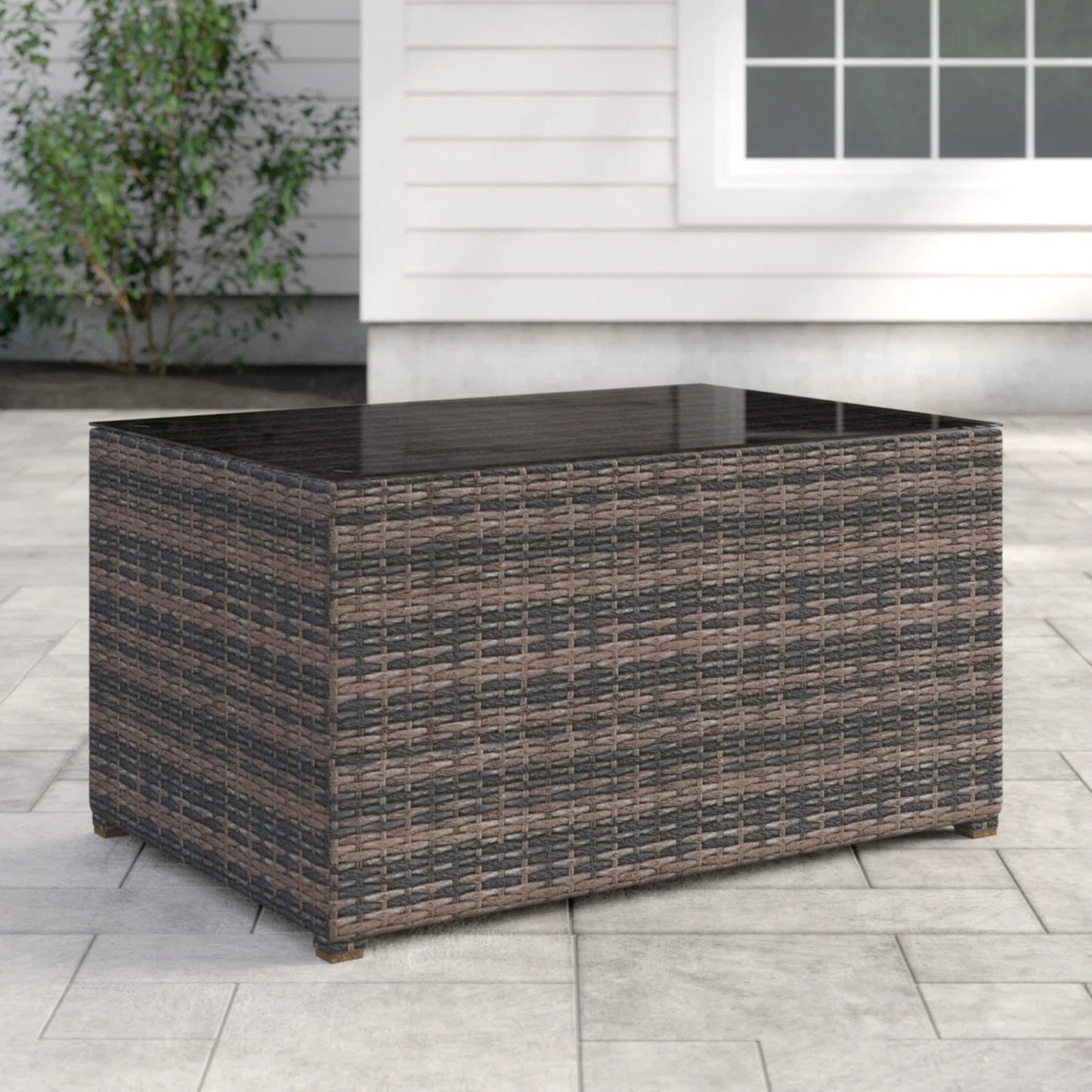 Rectangular Outdoor Fire Pit Table With Glass Top And Wicker Base, 22x33 Inch Footprint Brown