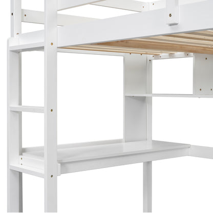 Twin Loft Bed with Integrated Desk and Shelves, Safety Guardrails, and Ladder in White