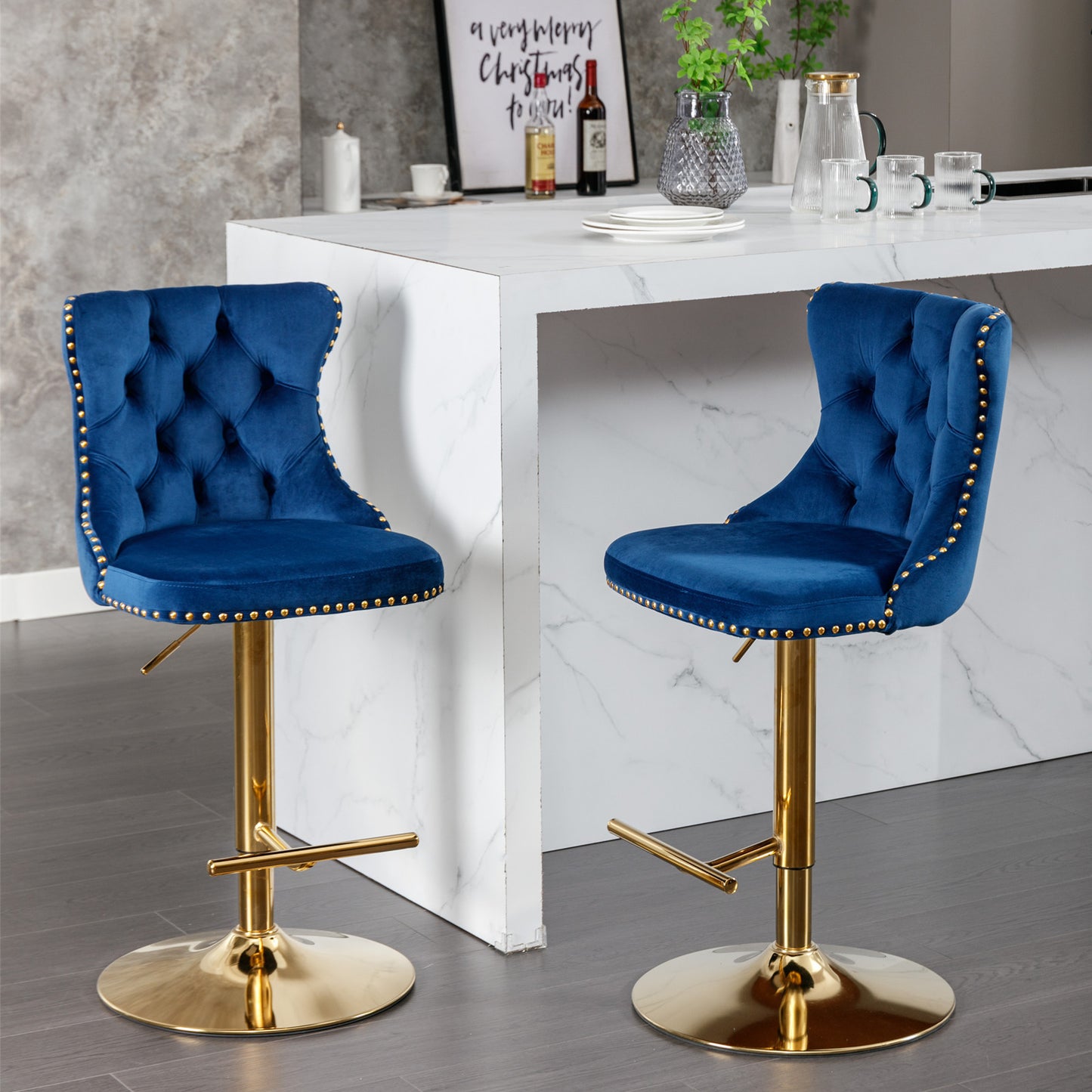 AA Blue Velvet Bar Stools Adjustable 25 33in Set Of 2