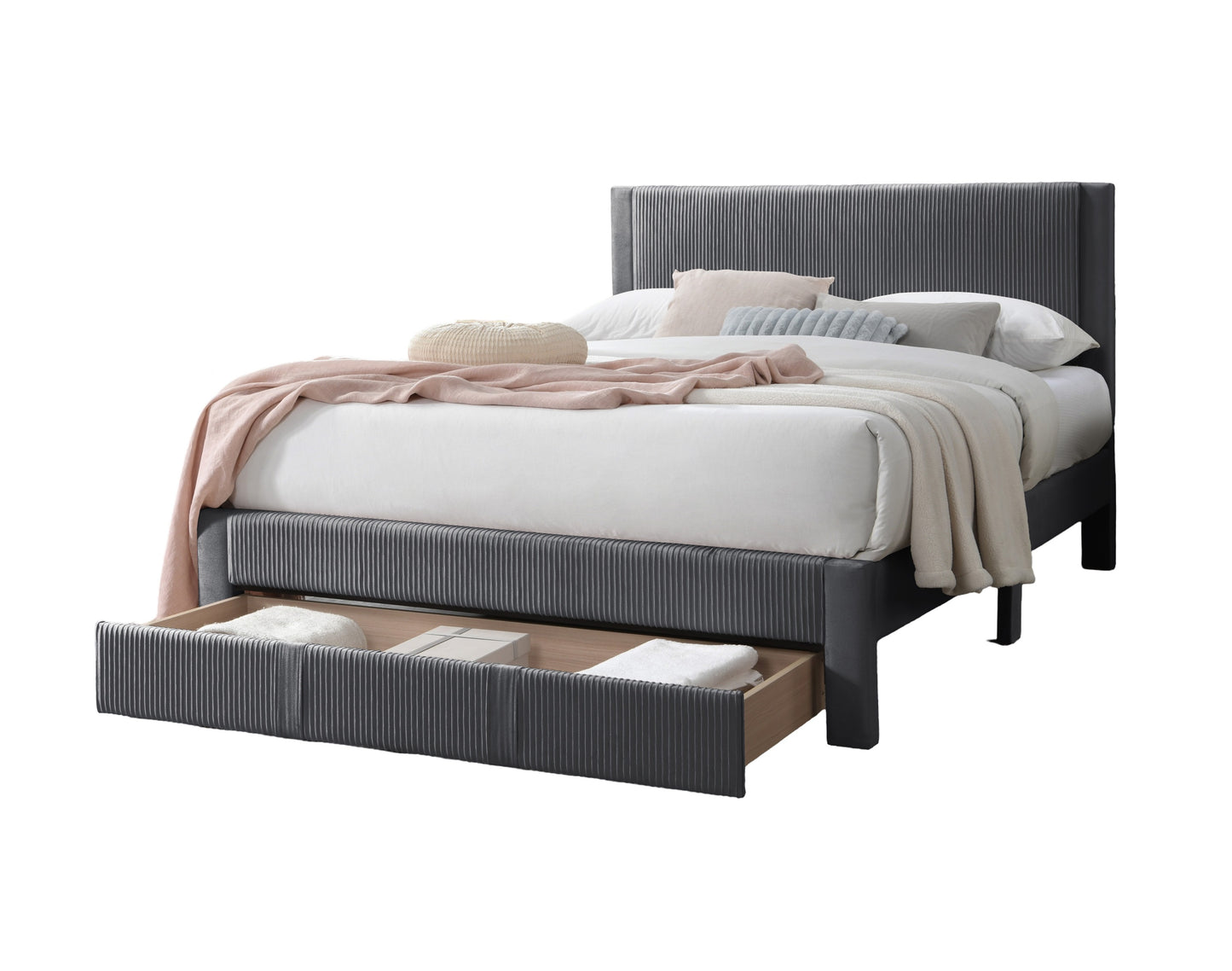 Modern Charcoal Corduroy Upholstered Queen Size Platform Bed with Storage Drawer