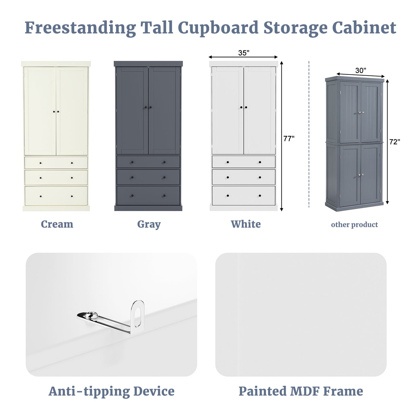 Tall White Farmhouse Kitchen Pantry - 77" Freestanding Storage Cabinet with Adjustable Shelves, Door Shelves, and Drawers