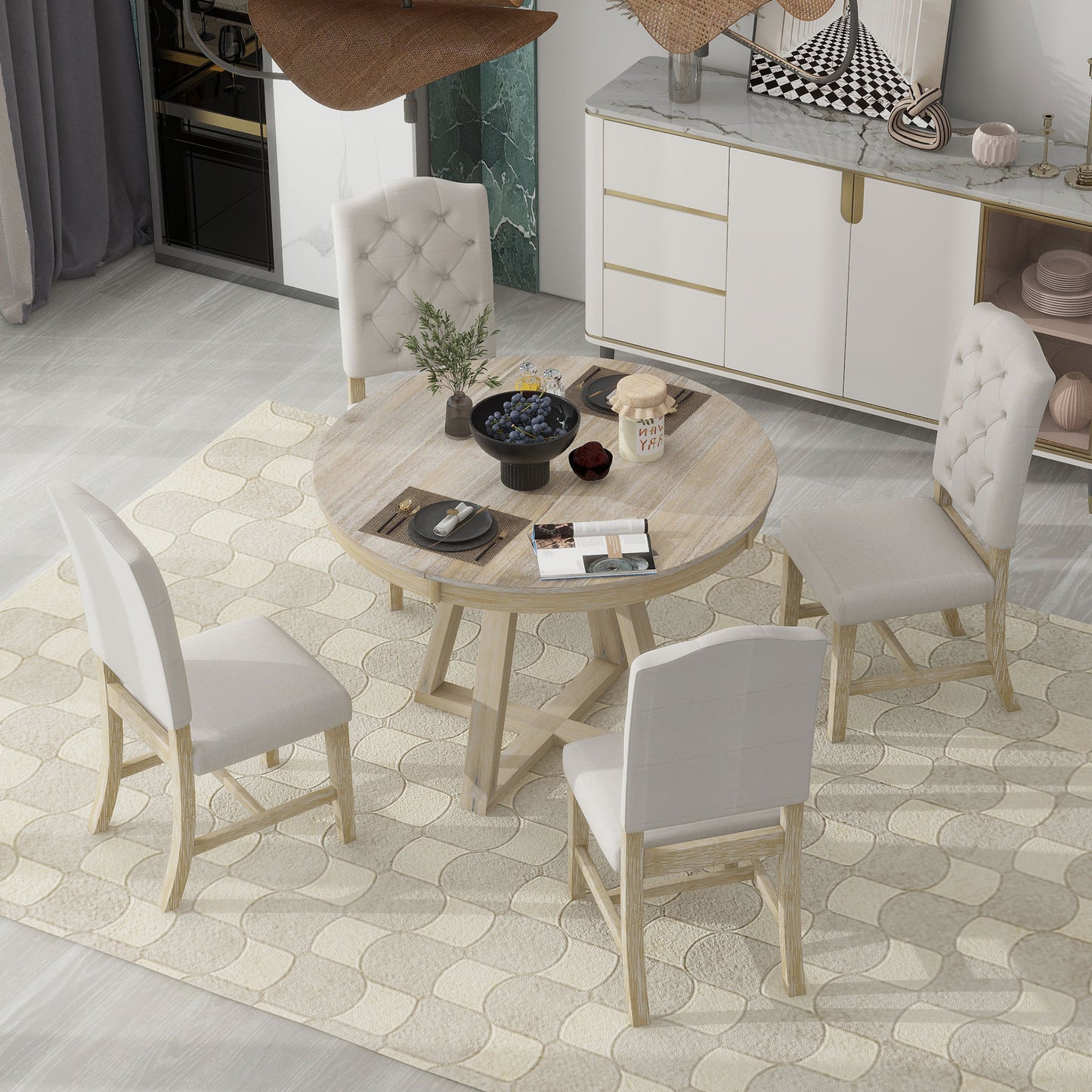 Retro 5 Piece Round Dining Set With 16In Leaf Chairs Natural