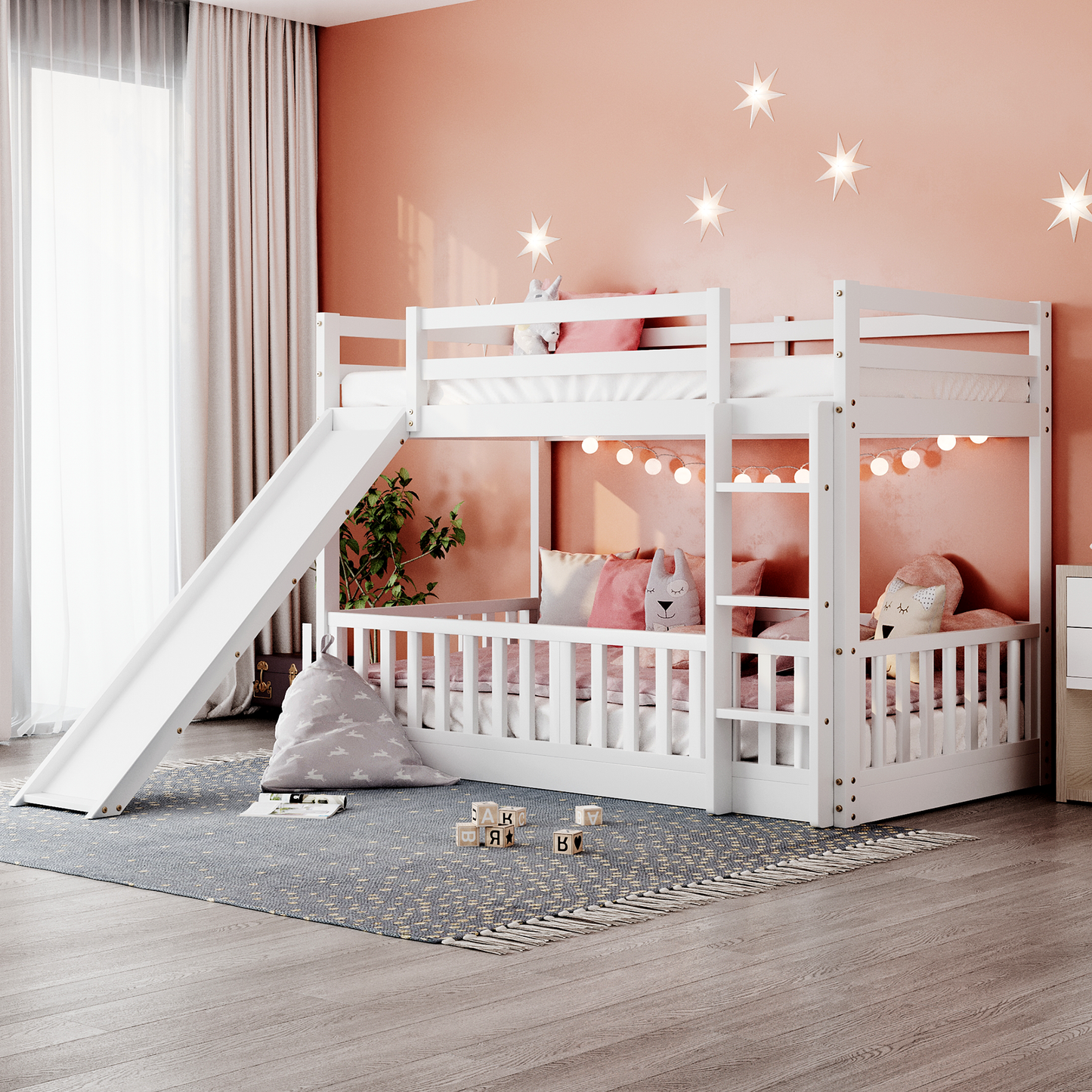 Stylish Twin Over Twin Bunk Bed with Fun Slide and Versatile Ladder in White
