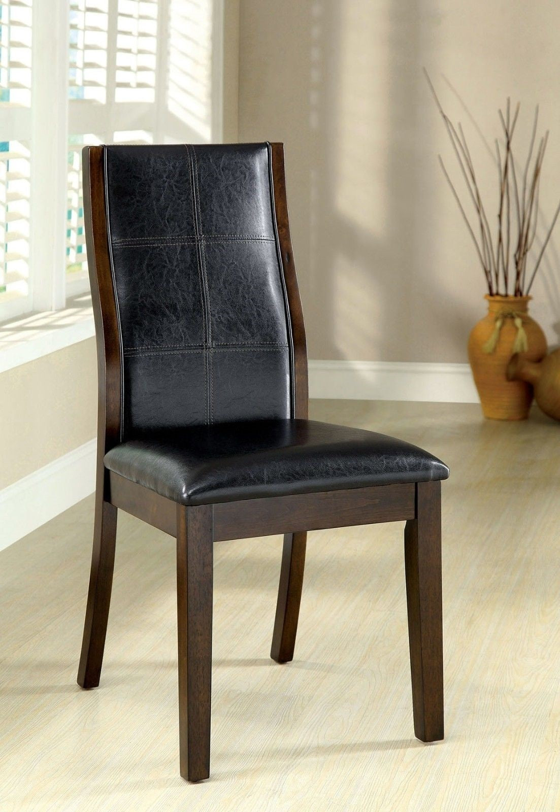 2-Piece Transitional Dining Chairs - Solid Wood, Curved Back, Padded Leatherette, Brown Cherry