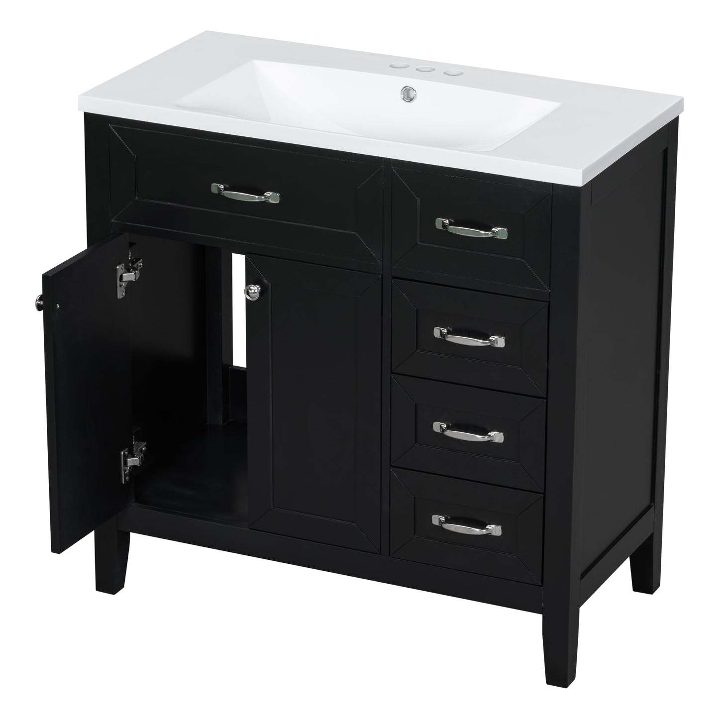 Stylish 36-Inch Black Bathroom Vanity with Integrated Sink, Durable MDF and Solid Wood Construction, Convenient Storage Drawers