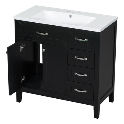 Stylish 36-Inch Black Bathroom Vanity with Integrated Sink, Durable MDF and Solid Wood Construction, Convenient Storage Drawers