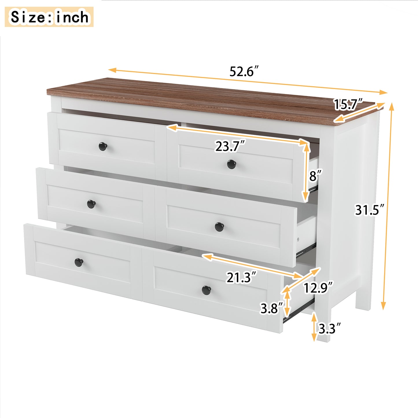 Chic Vintage-Inspired 6-Drawer Wooden Dresser with Rustic Charm for Bedroom - White & Brown