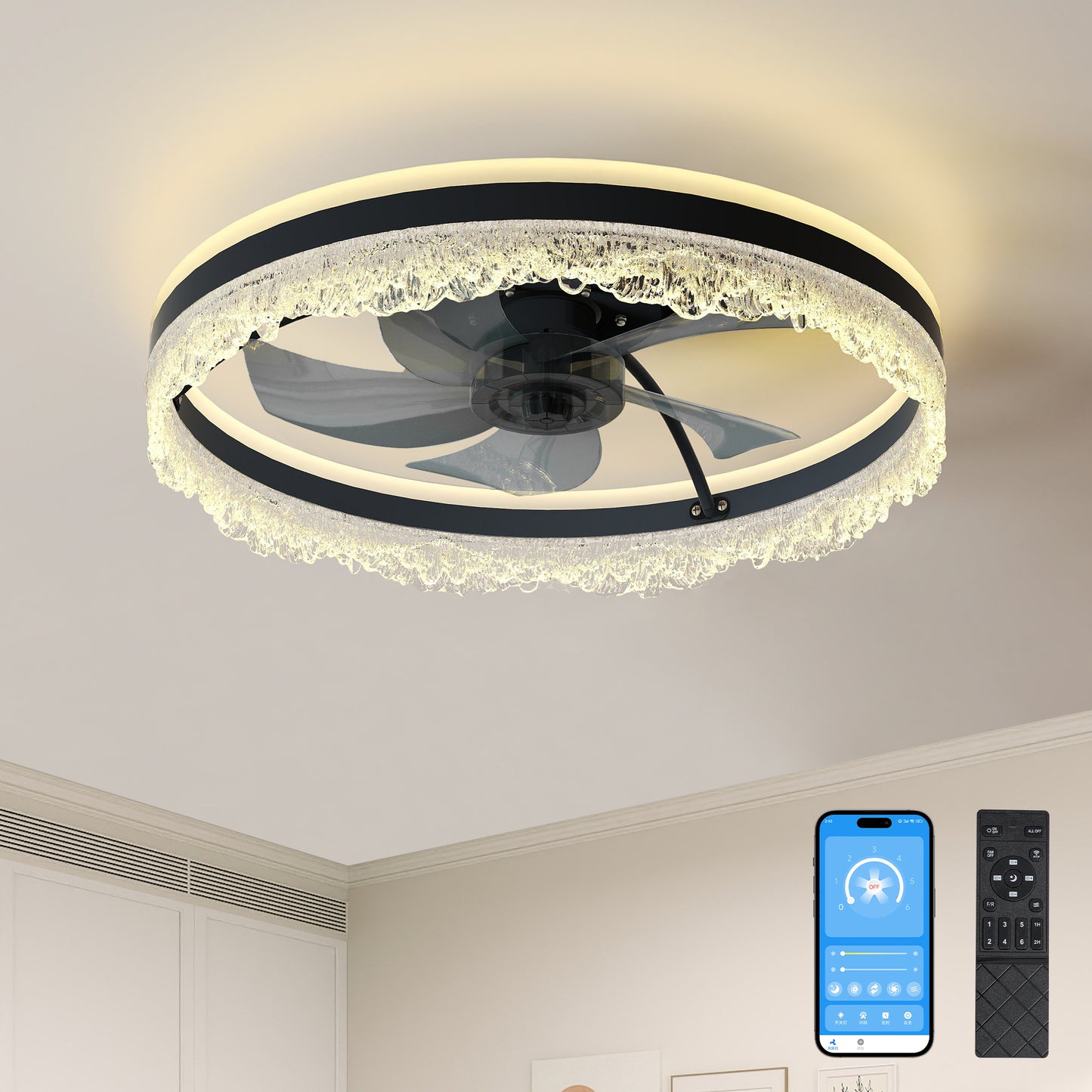 20-Inch Smart Flush Mount Ceiling Fan with Light, Silent, Remote, Dimmable LED, 6 Speeds - Black