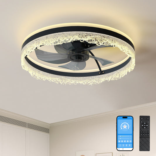 20-Inch Smart Flush Mount Ceiling Fan with Light, Silent, Remote, Dimmable LED, 6 Speeds - Black