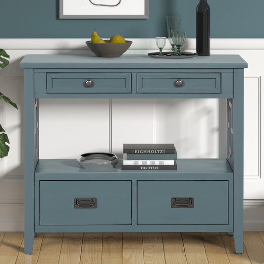 36-Inch Farmhouse Pine Console Table with 4 Drawers and Open Shelf for Entryway and Living Room Blue