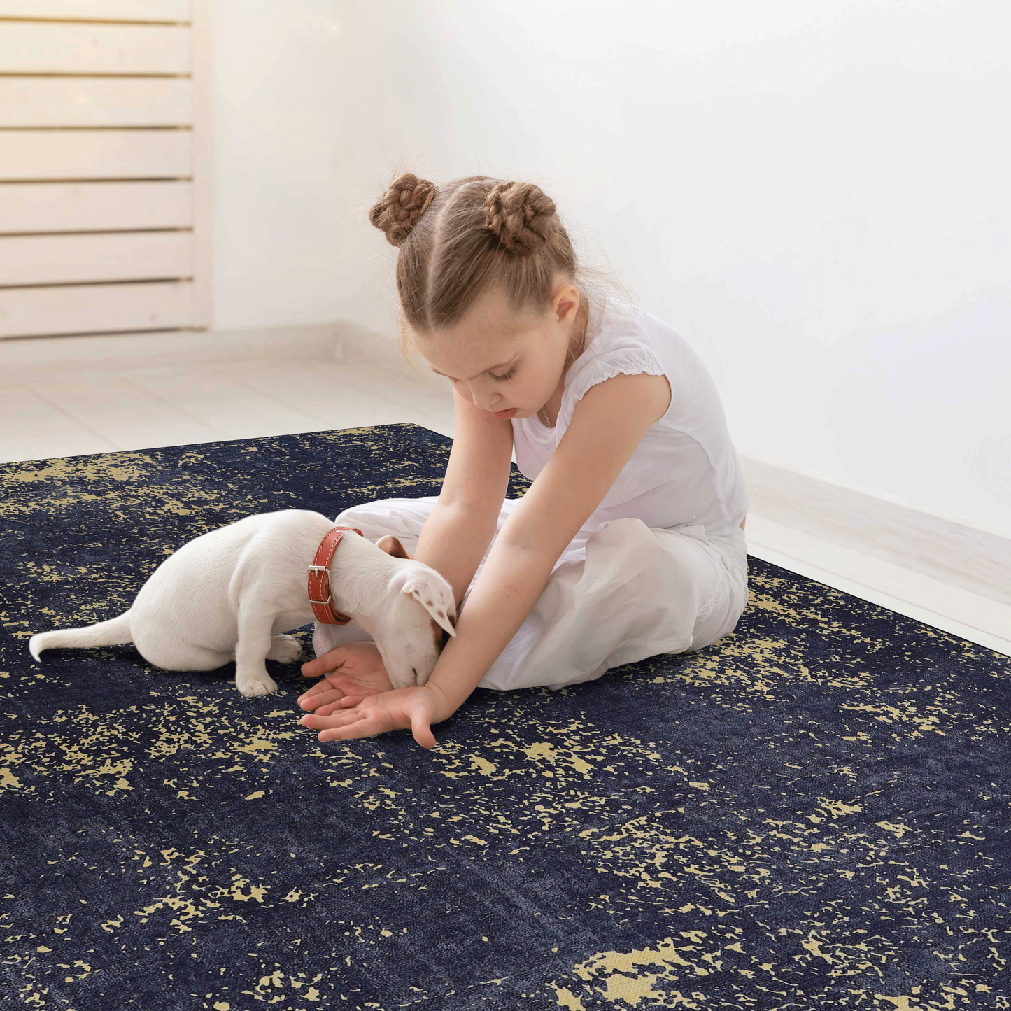 5x8 Machine-Washable Area Rug, Low-Pile, Non-Slip, Foldable, Kid & Pet Friendly Living Room Black & Gold