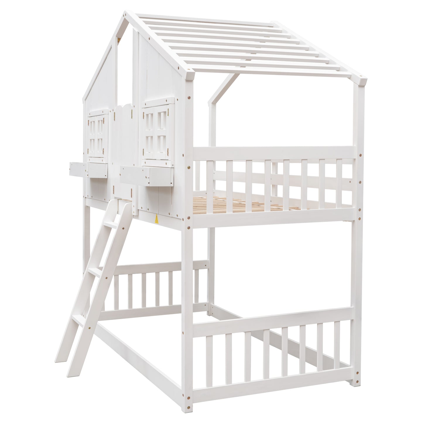 Charming Twin Over Twin House Bunk Bed with Roof and Window Features, Safety Guardrails and Ladder, White