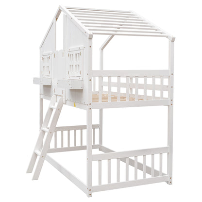 Charming Twin Over Twin House Bunk Bed with Roof and Window Features, Safety Guardrails and Ladder, White