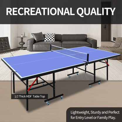 Regulation-Size 8ft Indoor Table Tennis Table, Foldable & Portable with Net, Paddles & 3 Balls Blue