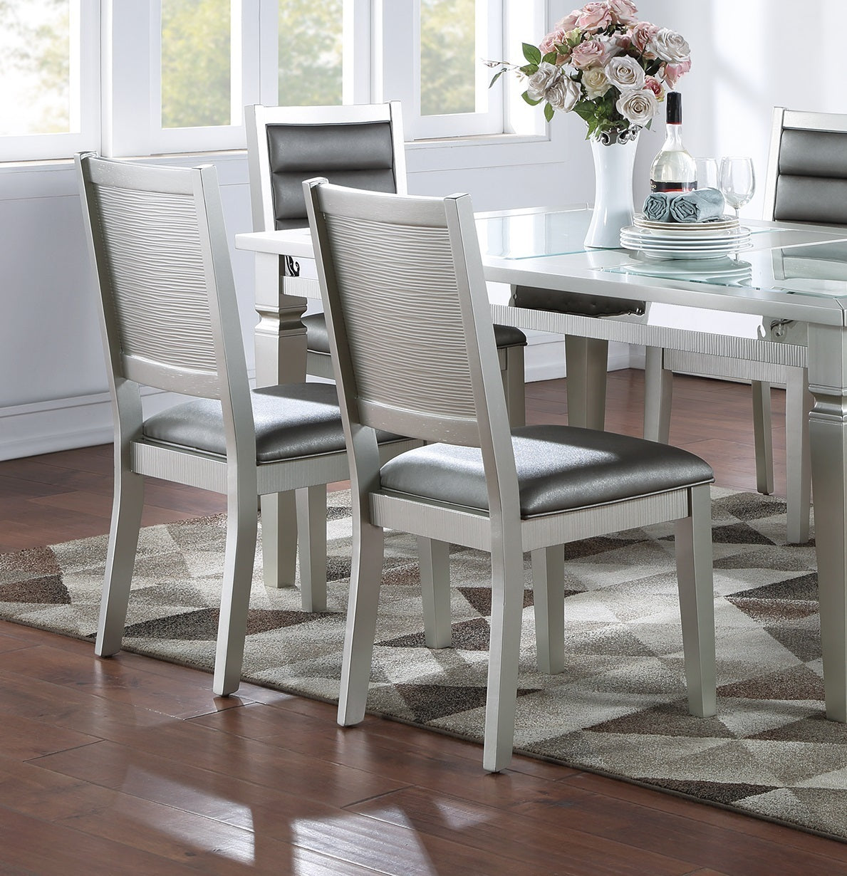 Set of 2 Faux Leather Dining Chairs, Cushioned Seats, Tufted Back, Rubberwood Frame, 18x23x39 in Silver