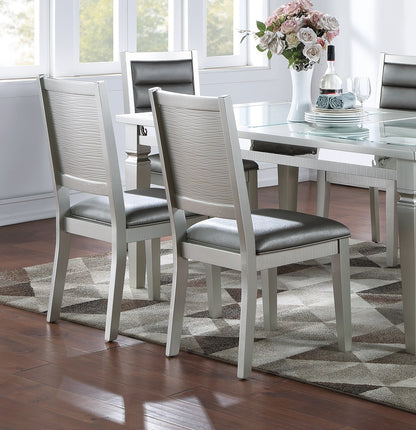 Set of 2 Faux Leather Dining Chairs, Cushioned Seats, Tufted Back, Rubberwood Frame, 18x23x39 in Silver